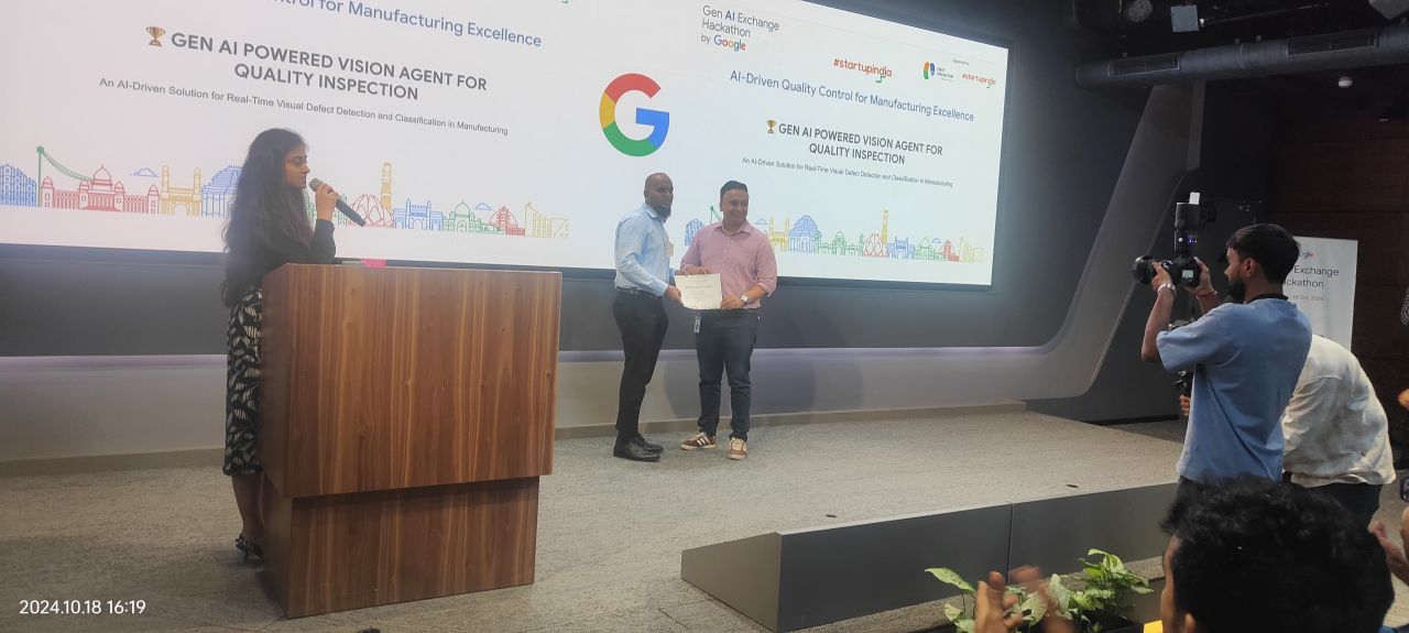 Sieora presenting an AI-powered vision agent for quality inspection at a Google event