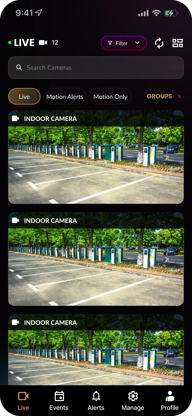 TentoVision mobile app showing live camera feeds