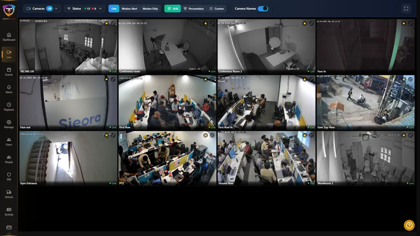 TentoVision live view with camera feeds from offices, gates and warehouses