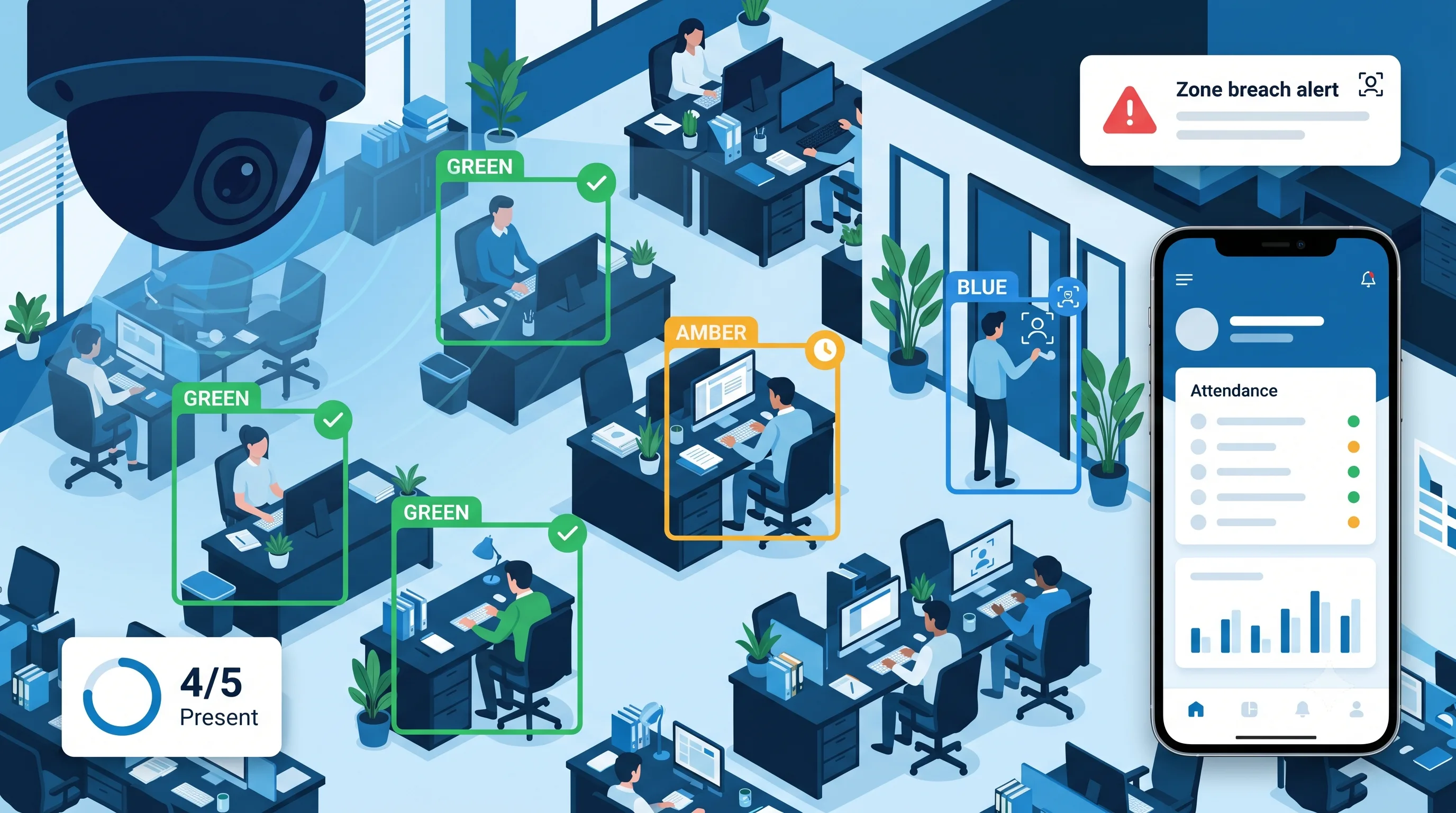 Sieora CCTV employee monitoring system dashboard showing real-time attendance and activity tracking