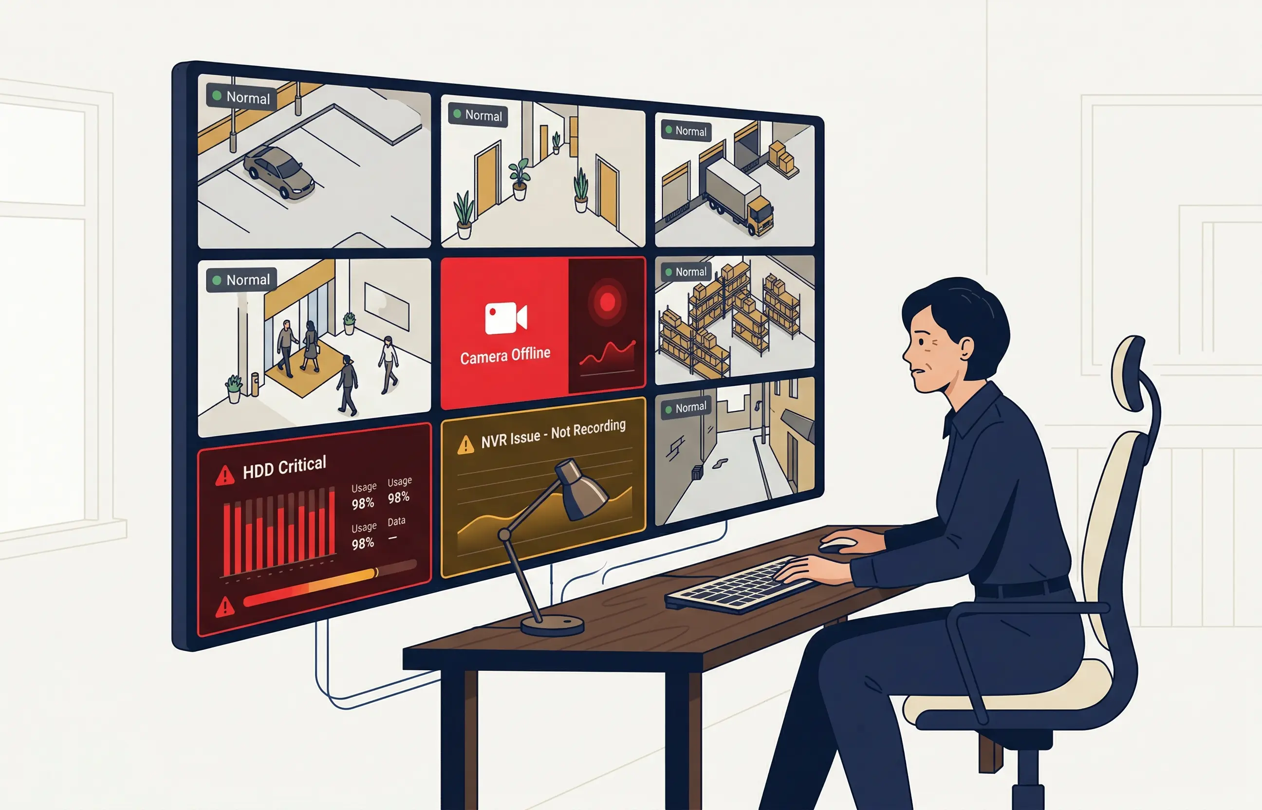Security operator monitoring CCTV feeds showing camera offline, HDD critical and NVR issue alerts on Sieora dashboard
