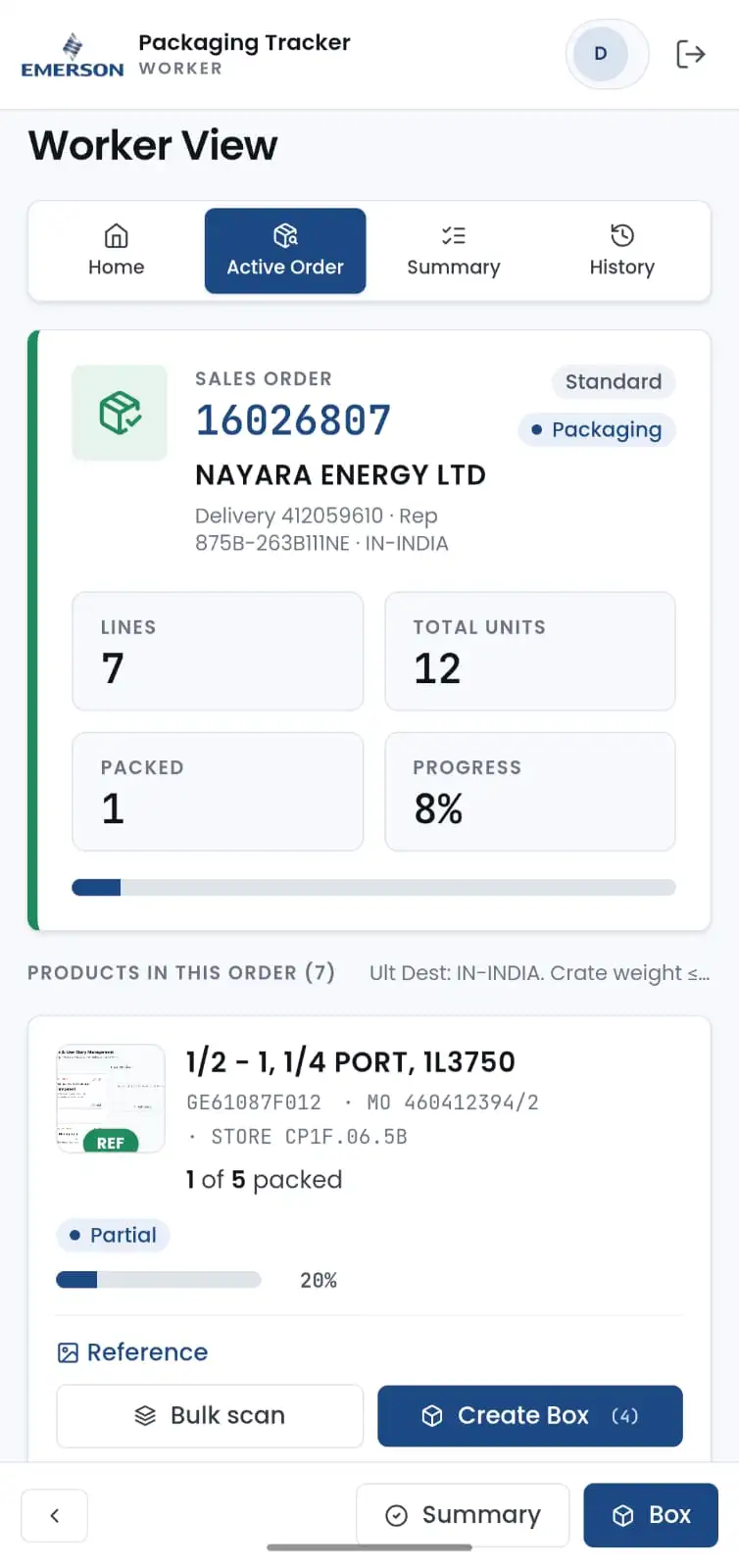 Sieora mobile app showing image evidence linked to a dispatched order — Emerson Chennai PDC