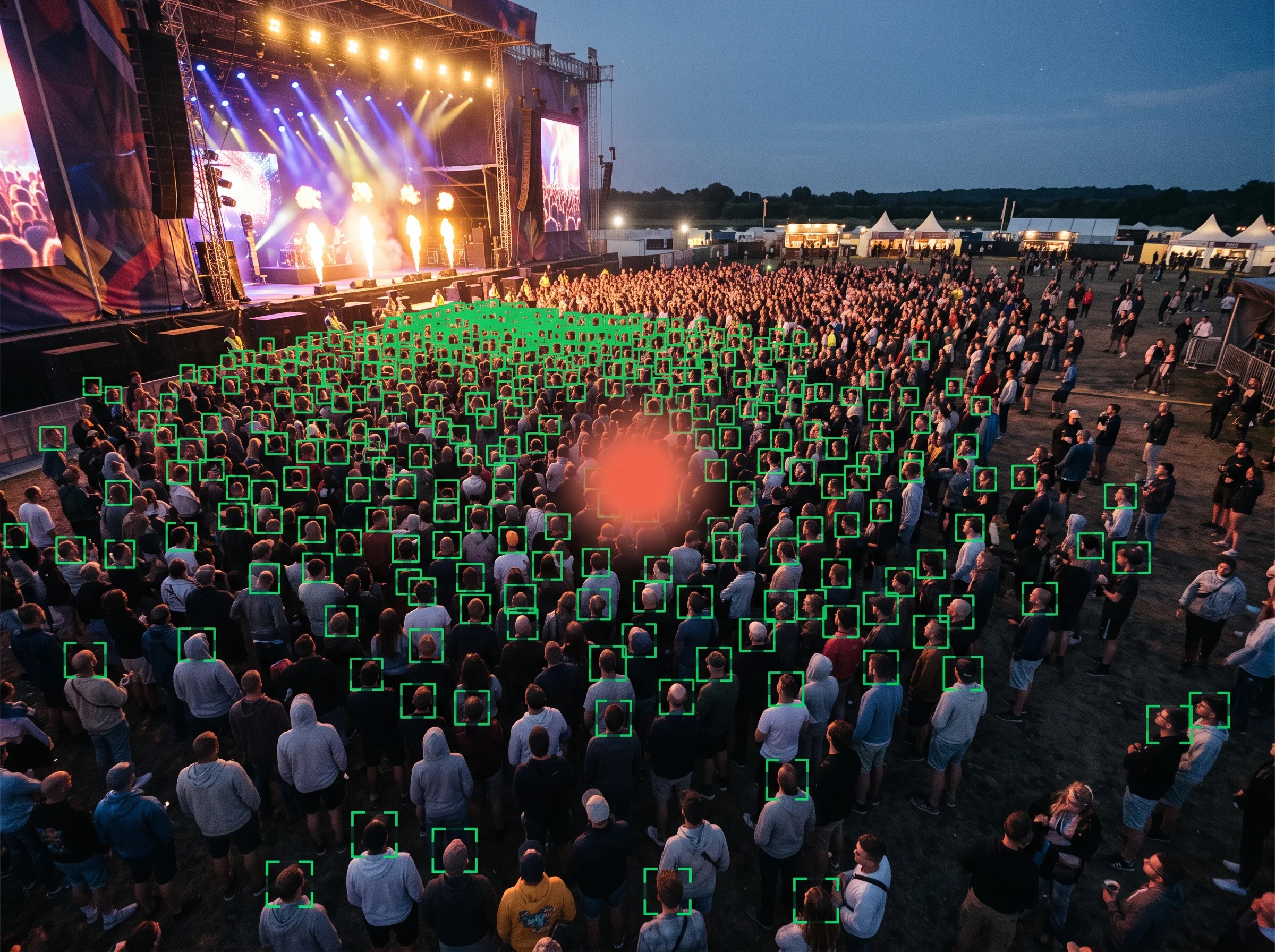 Live crowd density heatmap with a zone over the safe threshold
