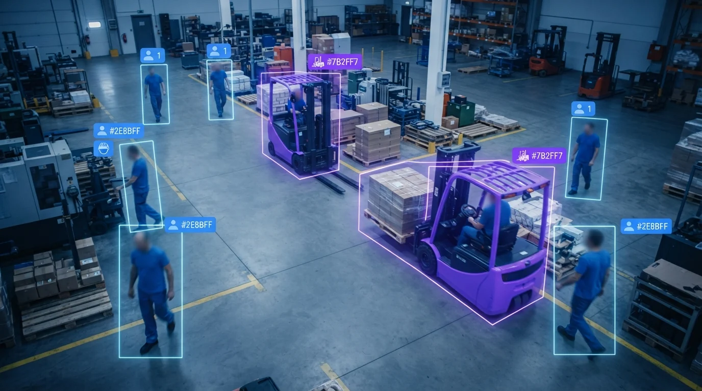 Industrial camera with on-device AI detection boxes on the shop floor