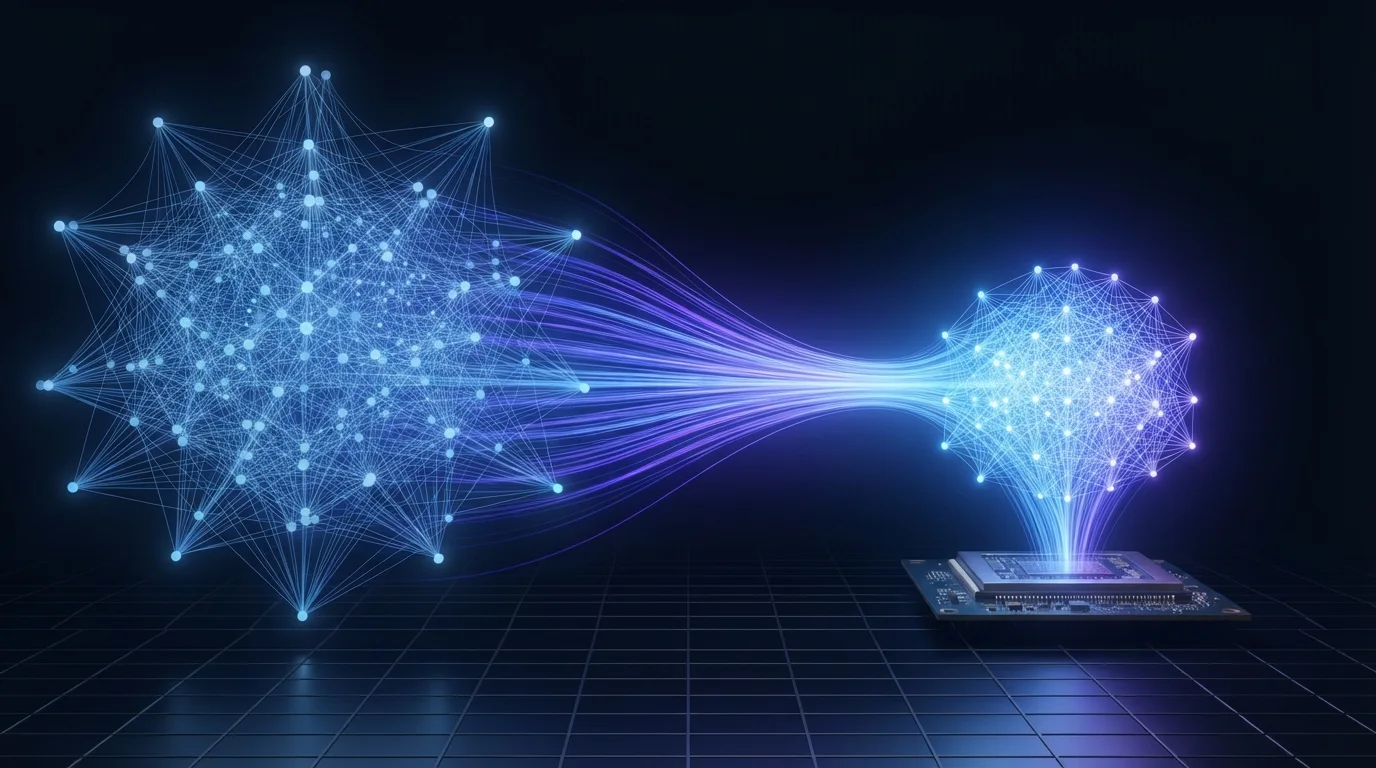 AI model being optimised with quantisation and pruning to run on a small edge device
