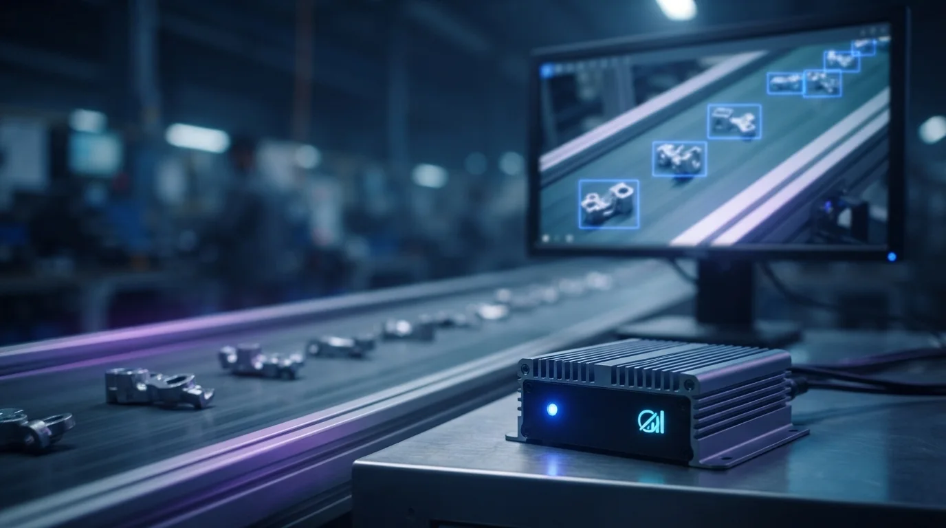 Jetson-class edge AI device running real-time inference on a factory line