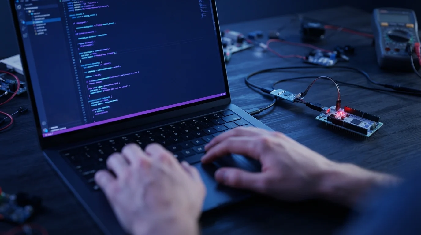 Engineer debugging embedded firmware on a microcontroller board