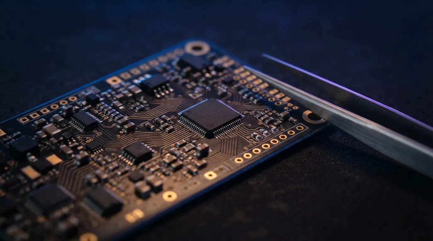 Custom PCB assembly on an engineer's bench during embedded product development
