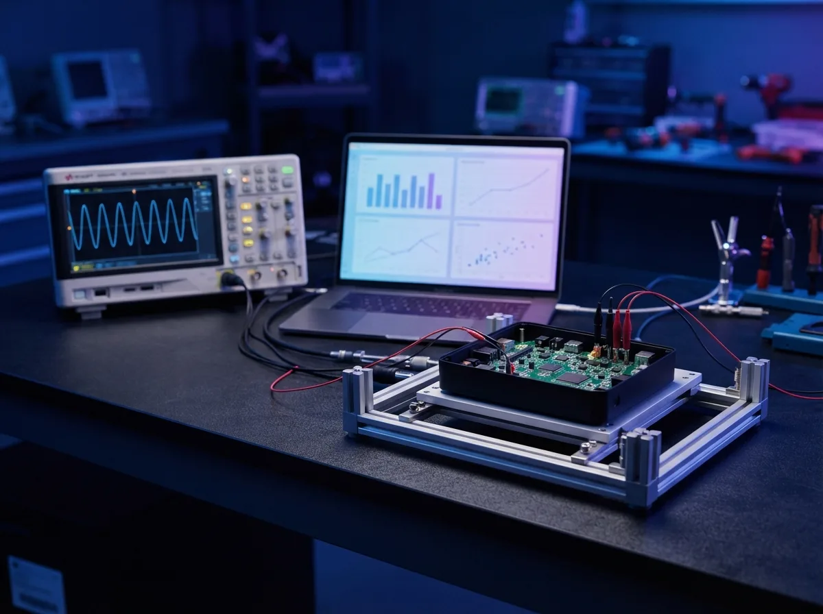 Electronic product testing and validation setup with oscilloscope and test jig