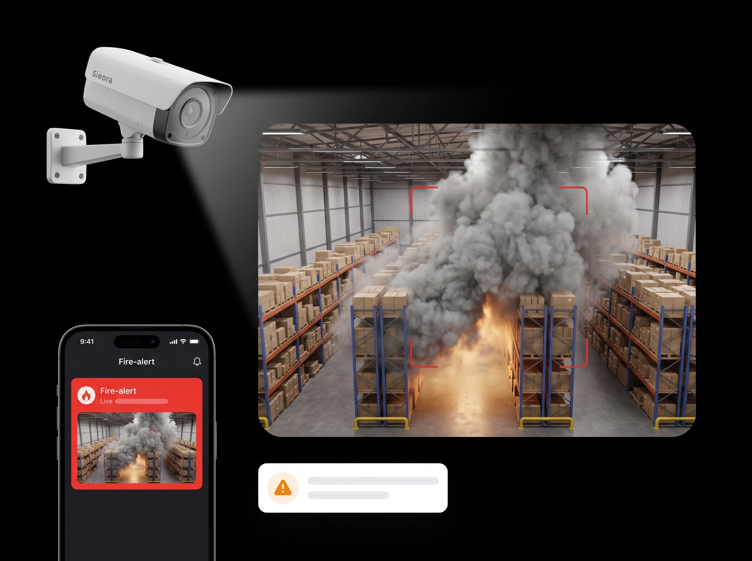 Sieora fire and smoke detection software spotting early smoke on a warehouse CCTV feed