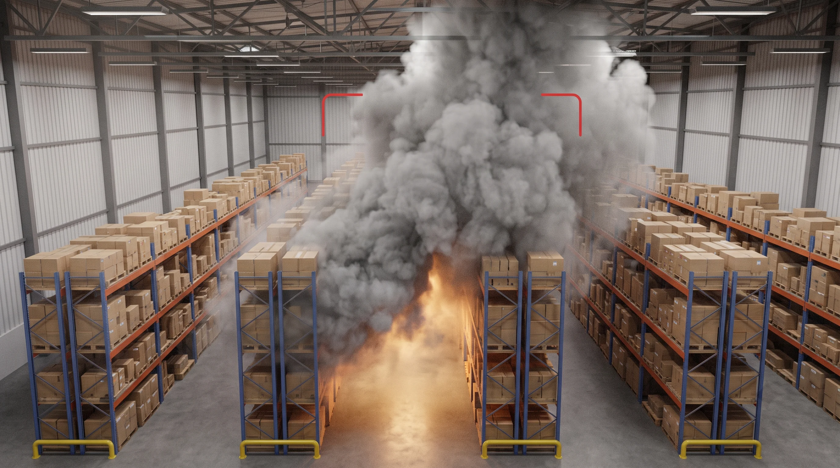 Fire and smoke detection spotting smoke in a high-ceiling warehouse