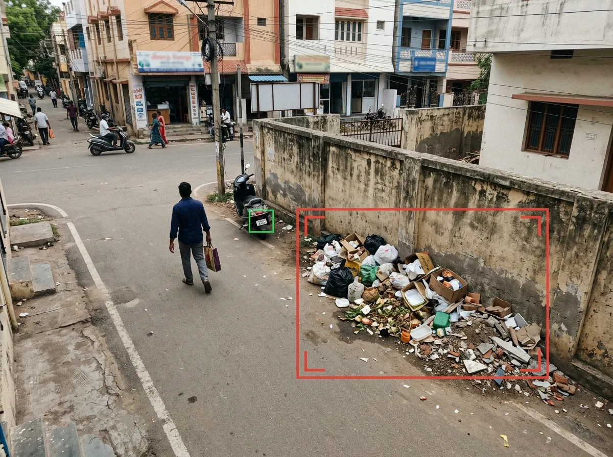 Illegal dumping detection flagging waste dumped at a street hotspot