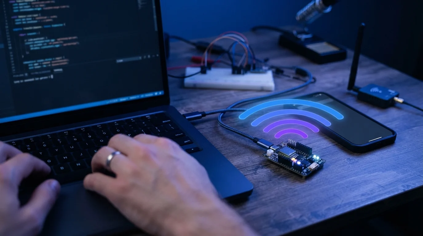 Firmware engineer testing BLE, Wi-Fi and LoRa connectivity on an IoT device