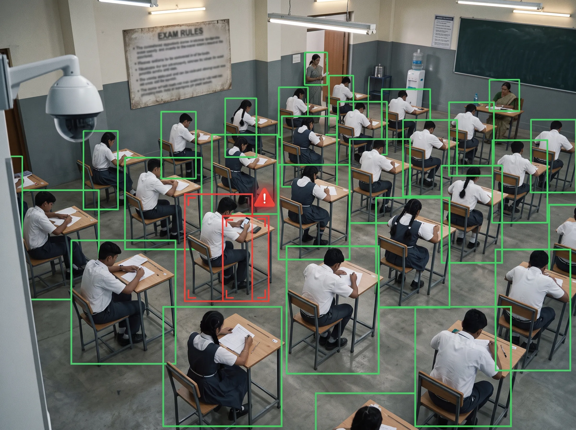 Mobile phone detection in an exam hall flagging a hidden phone
