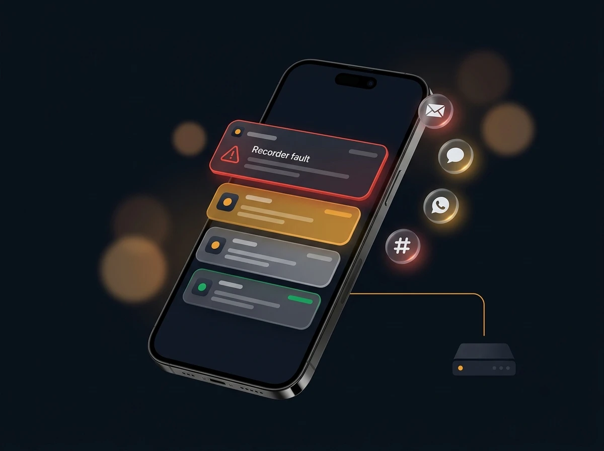 NVR offline alert delivered over WhatsApp, SMS and email from the monitoring dashboard