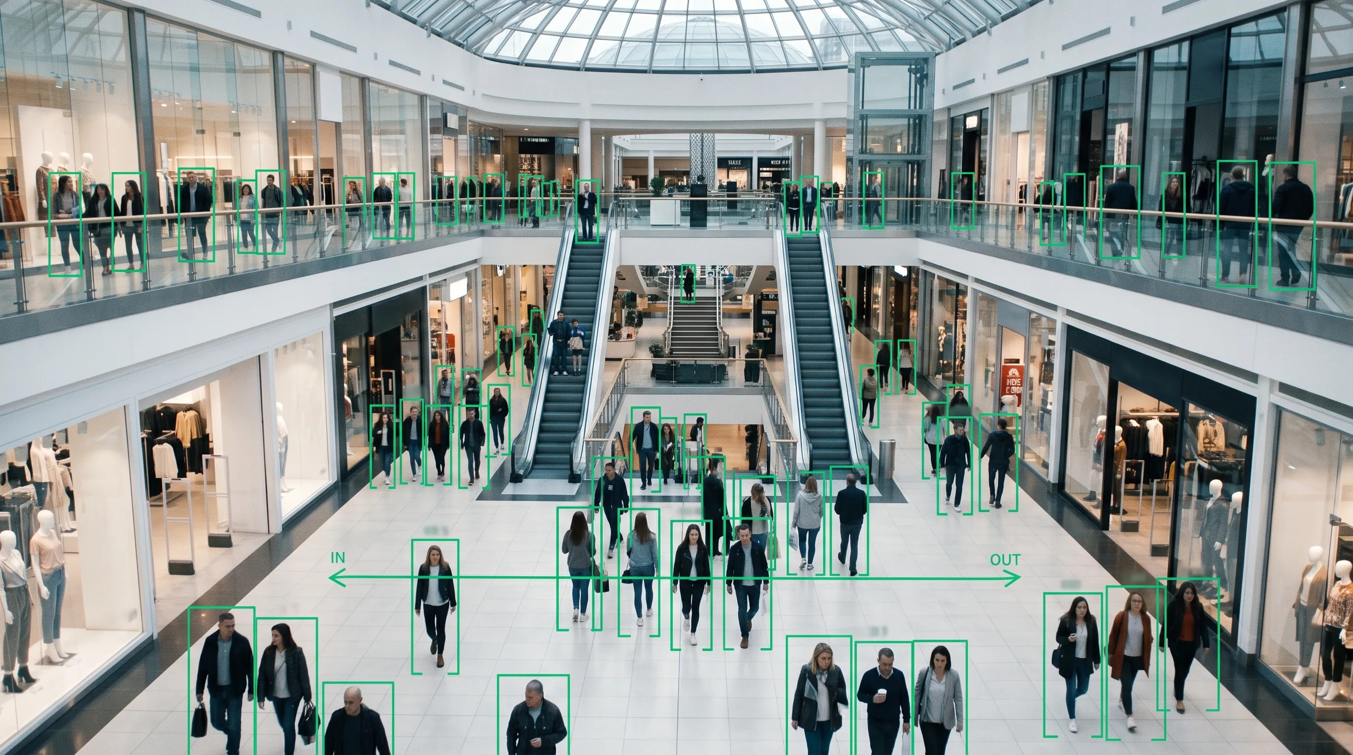 People counting tracking footfall across a shopping mall atrium