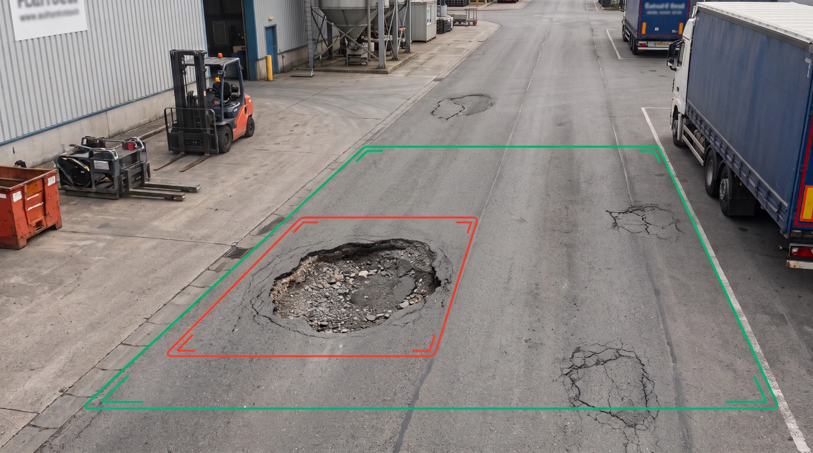 Pothole defect logged with camera and zone location for repair crews