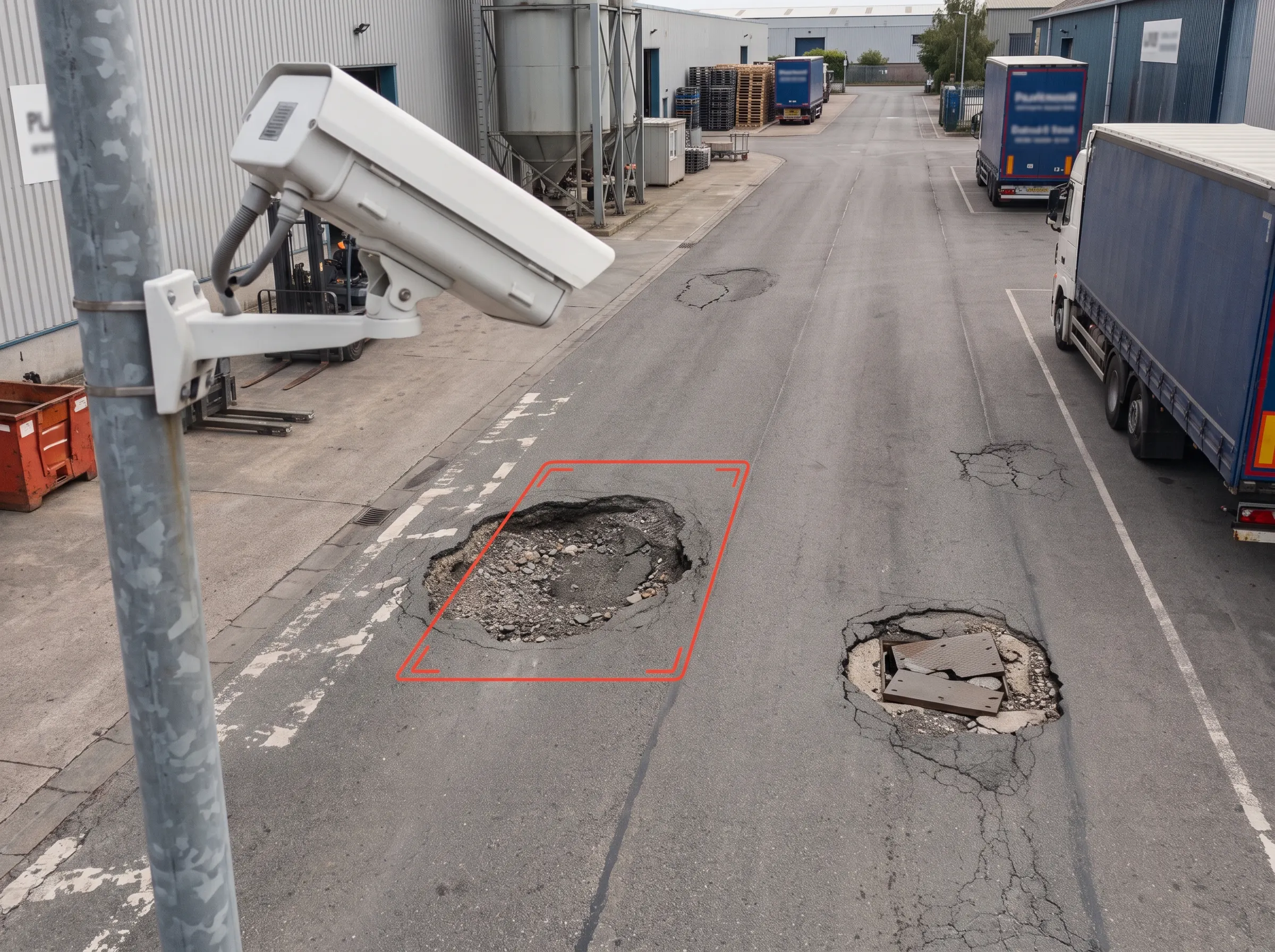 Existing CCTV camera watching a plant road and detecting surface damage
