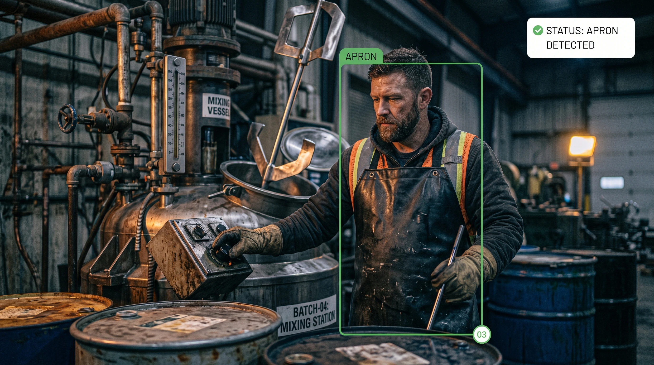 Apron detection on a worker at a chemical mixing station