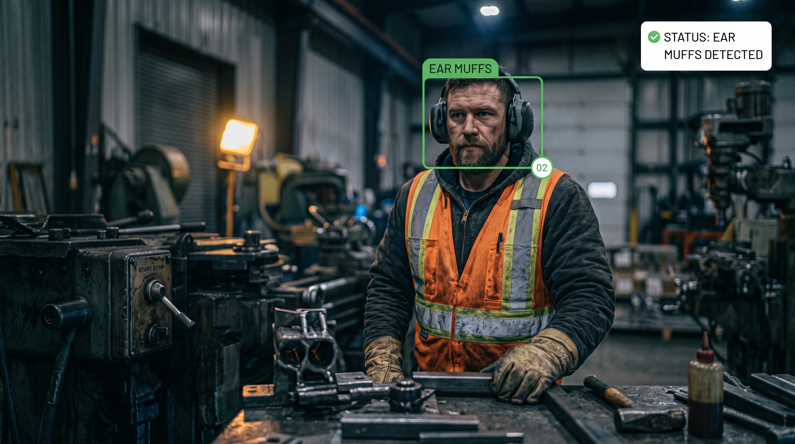 Ear muff and ear plug hearing protection detection in a metal fabrication workshop