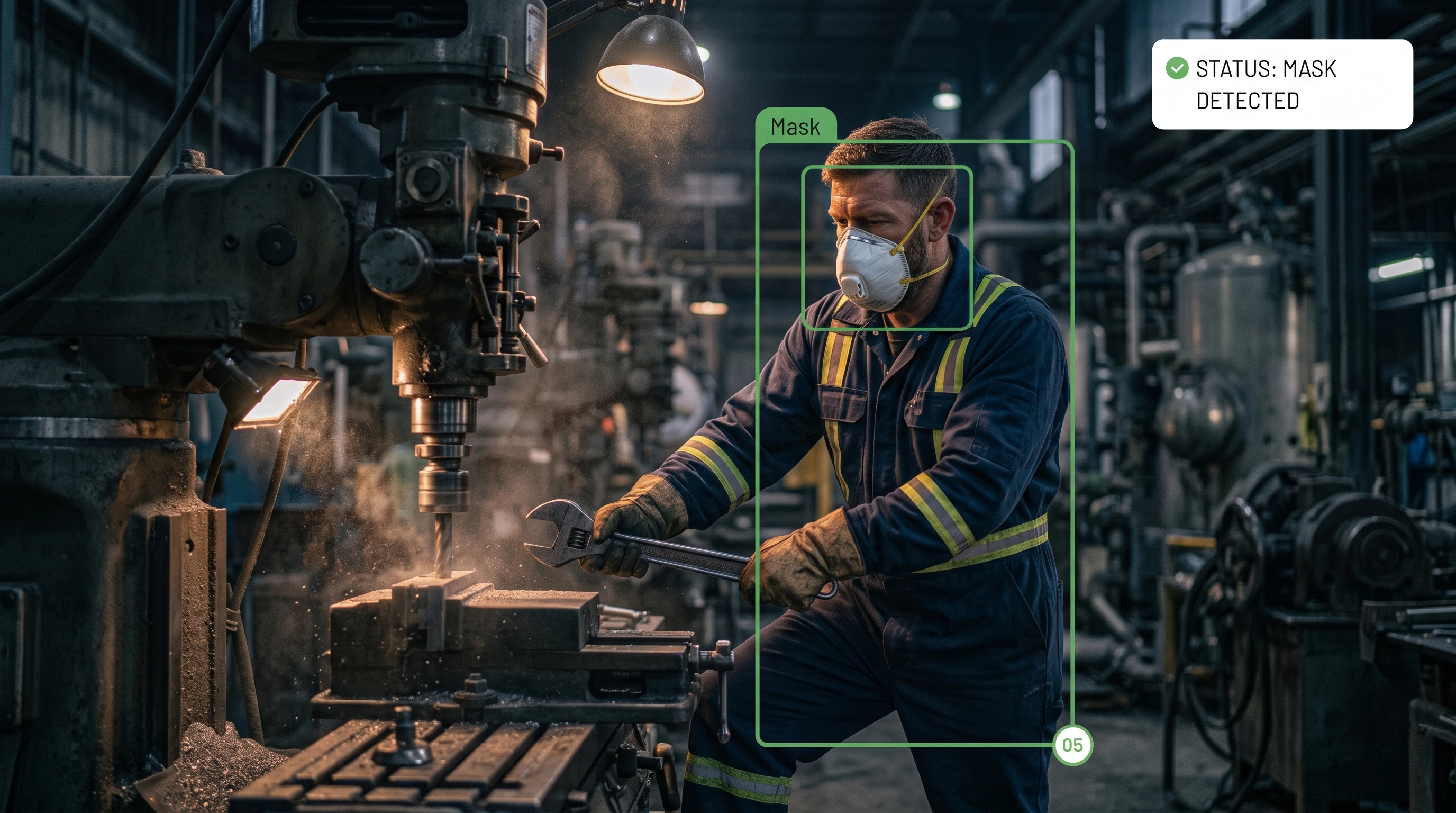 Face mask detection on a worker in a dusty processing environment