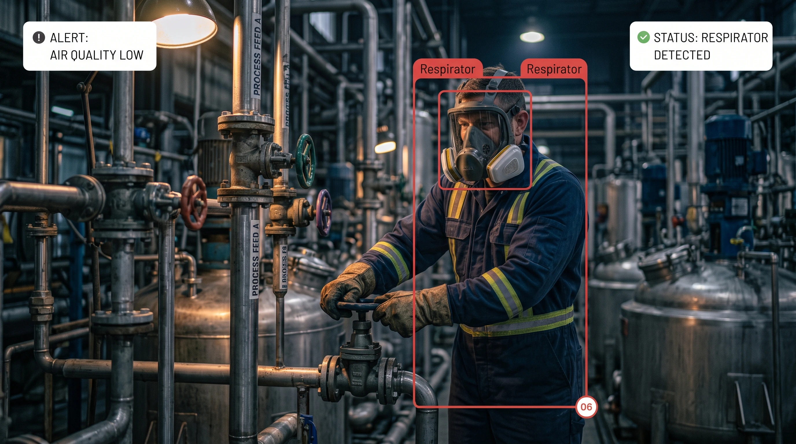 Respirator detection on a worker in a chemical handling area