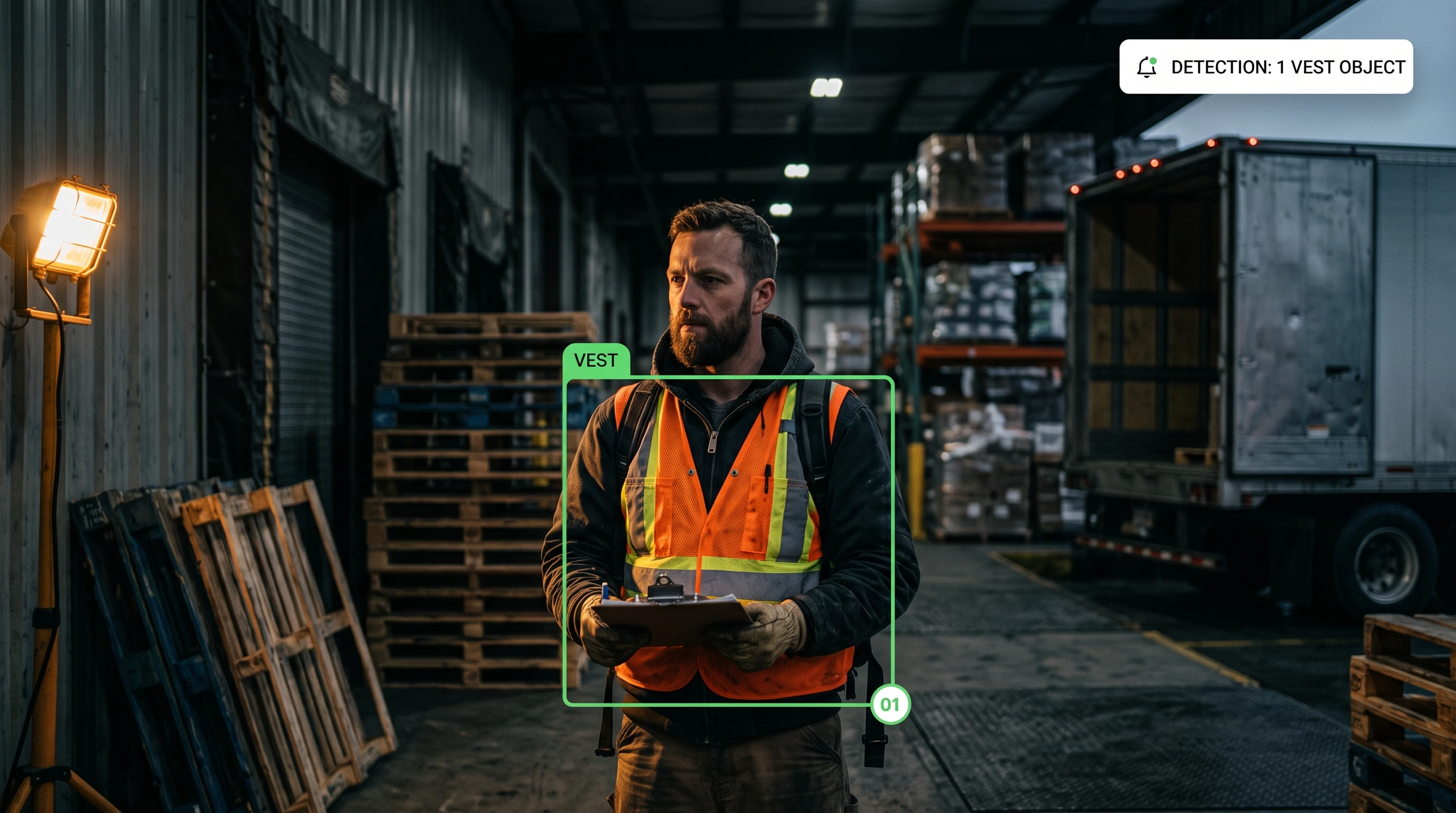 Hi-vis safety vest detection on a worker in a loading area