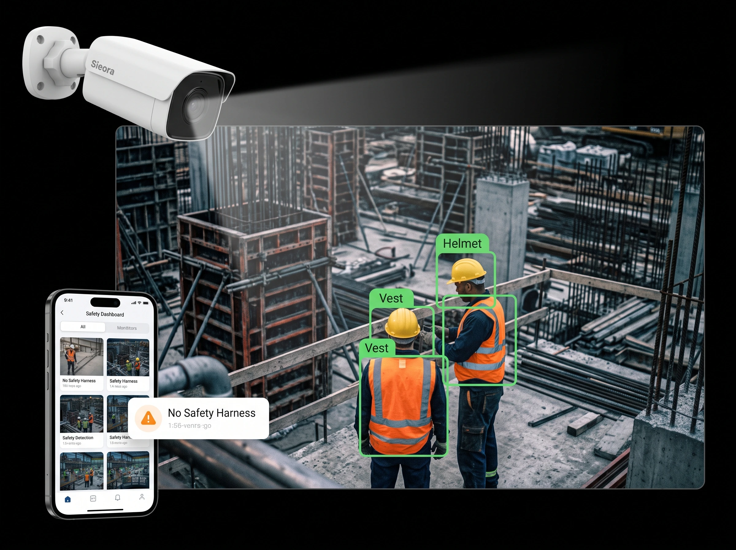 Sieora PPE detection software detecting a hard hat and hi-vis vest on a live CCTV feed