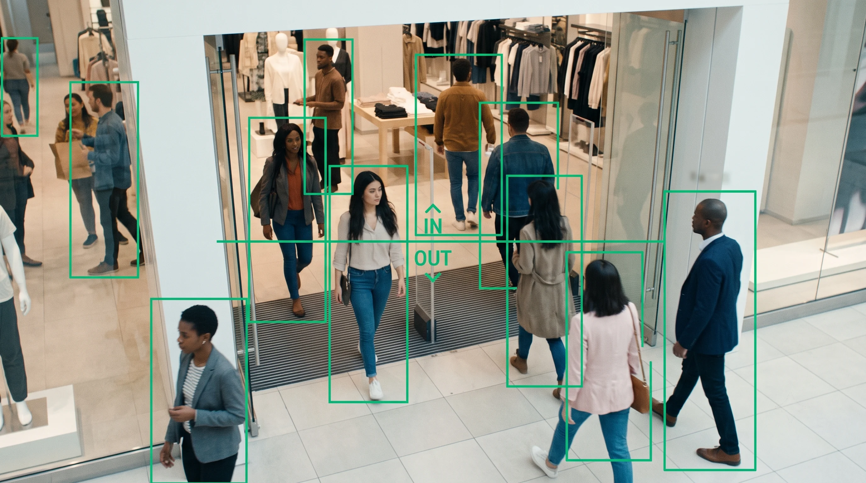 Retail footfall analytics counting shoppers and conversion at a store entrance