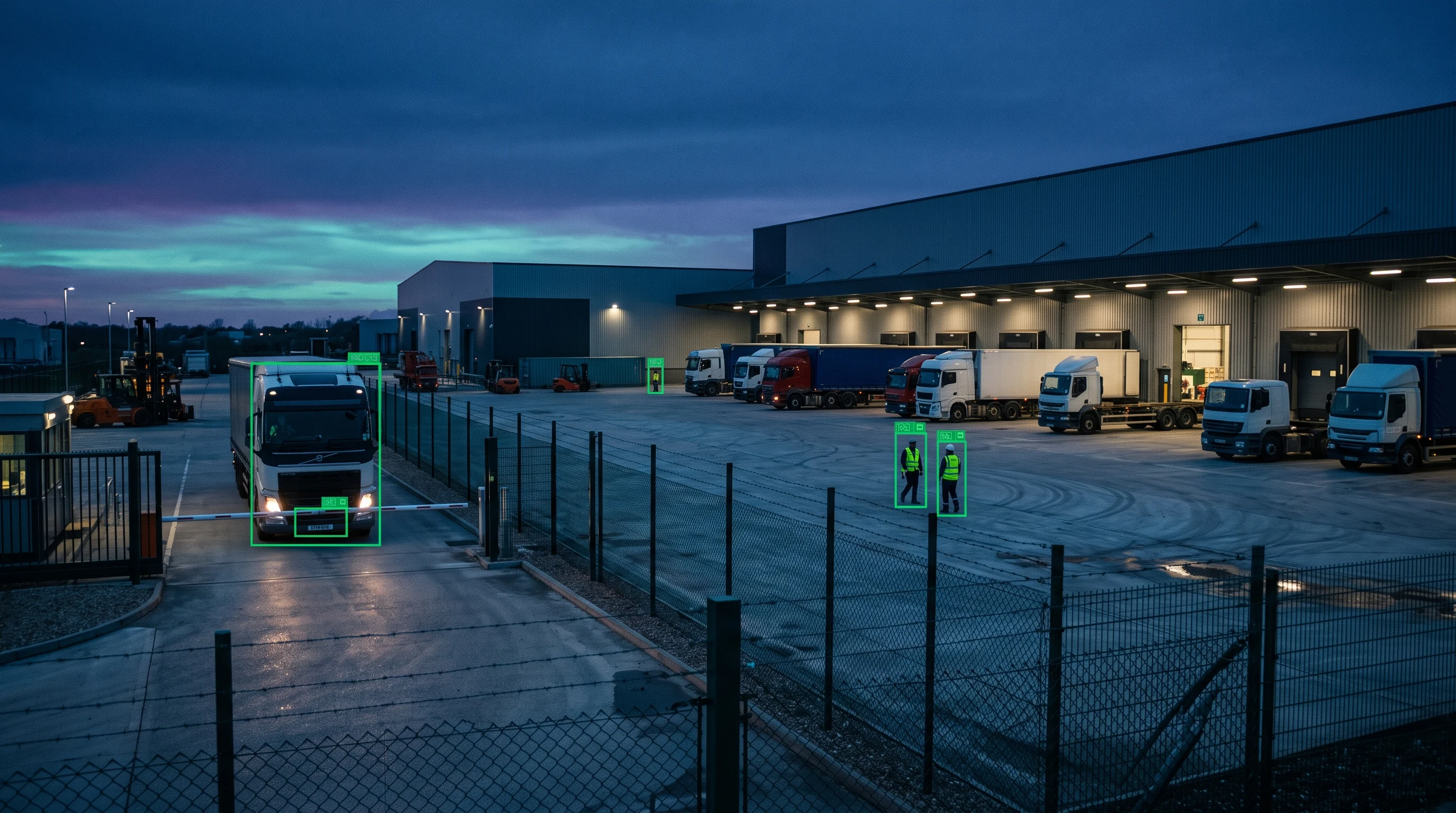 Video analytics securing a logistics yard with ANPR and intrusion alerts