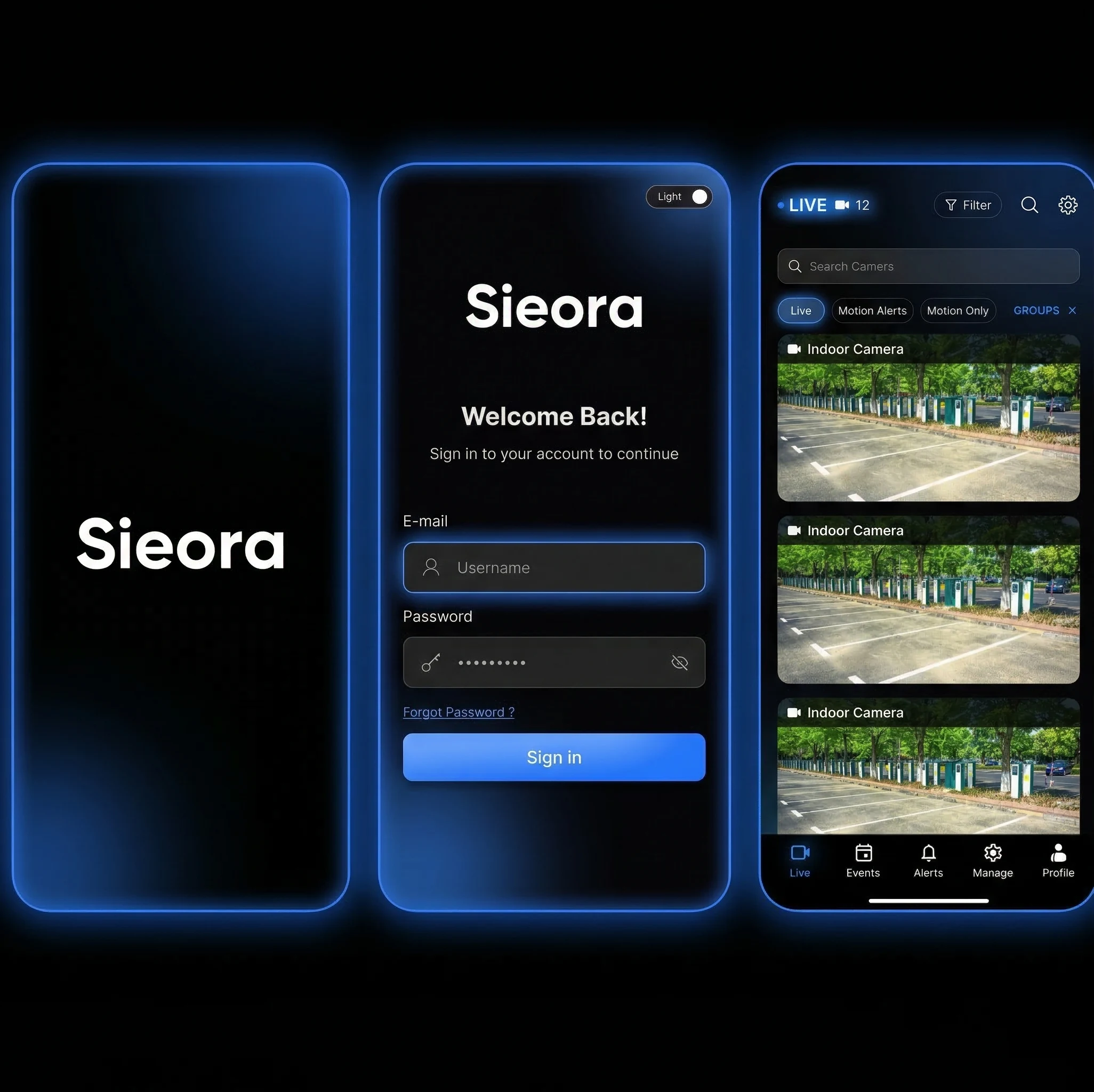 VMS web browser and mobile app clients showing live camera feeds